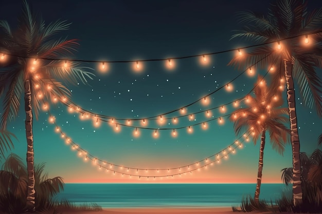 Una ilustración vectorial de una playa con palmeras y luces de cadena generativas ai