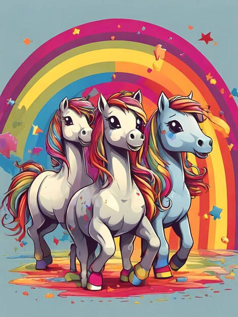 Foto ilustración vectorial ponis bailando en un arco iris