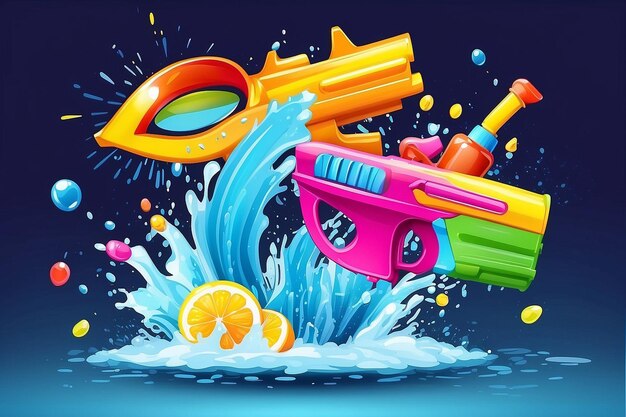 Foto ilustración vectorial de promoción de ventas de songkran aplastando agua con una pistola de agua