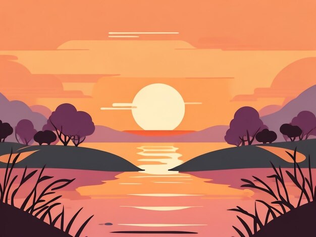 Ilustración vectorial de la puesta de sol sobre el río