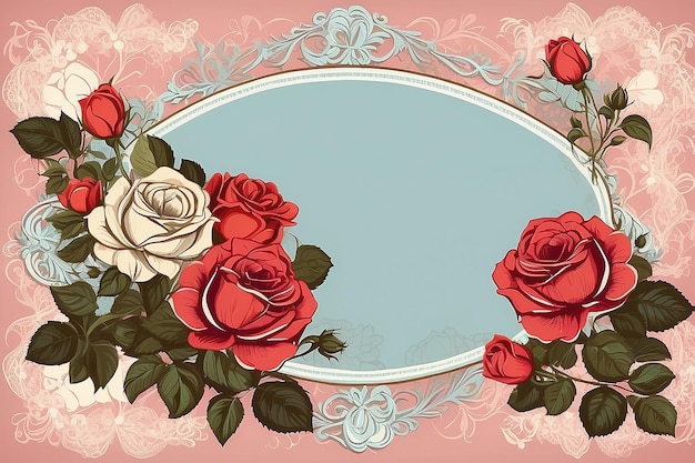 Ilustración vectorial de un ramo de rosas vintage con marco de encaje y espacio para su texto o plantilla de invitación de diseño