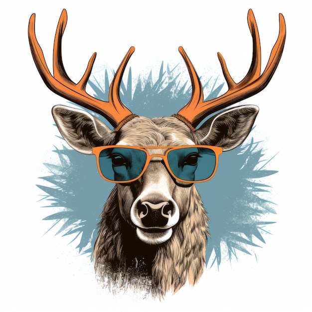 Foto ilustración vectorial retro 4k estilo vintage de los años 80 ciervos con gafas de sol y cuernos en un respaldo blanco