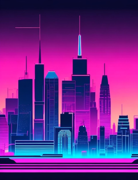 Ilustración vectorial retro de un horizonte de ciudad de neón