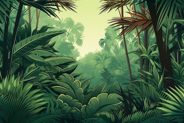 una ilustración vectorial de una selva tropical con palmeras y arbustos ai generativo