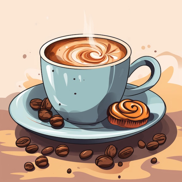 ilustración vectorial de una taza de capuchino en un platillo con granos de café