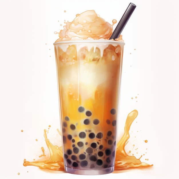 Ilustración vectorial de té de leche tailandesa helado con burbujas en fondo blanco