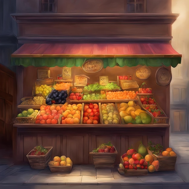 ilustración vectorial de una tienda con frutasilustración de la tienda de frutas y verduras en dibujos animados