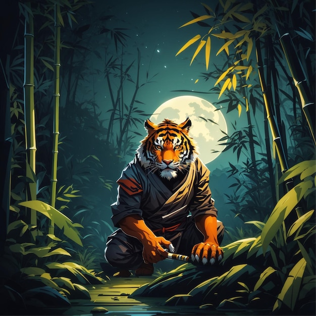 Foto ilustración vectorial de un tigre samurai con su espada