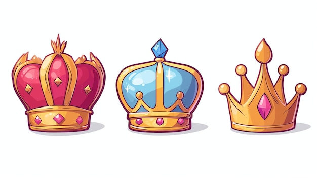 Una ilustración vectorial de tres coronas de dibujos animados Las coronas son de diferentes colores y tienen diferentes joyas