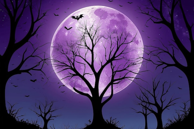 Foto ilustración vectorial de la venta de feliz halloween vista inferior de árboles desnudos con telas de araña y arañas en él y un enorme púrpura