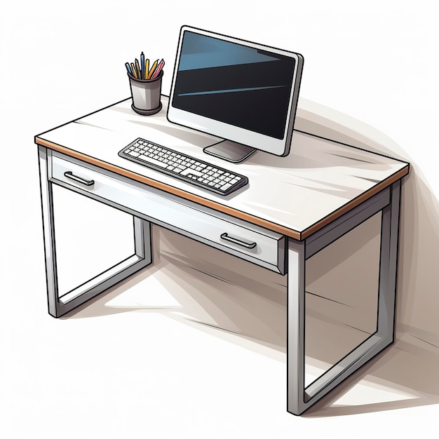 Ilustración vectorial de un viejo escritorio de computadora en una caricatura al estilo de anime kawaii