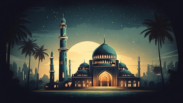 Ilustración vectorial vintage con una mezquita icónica por la noche