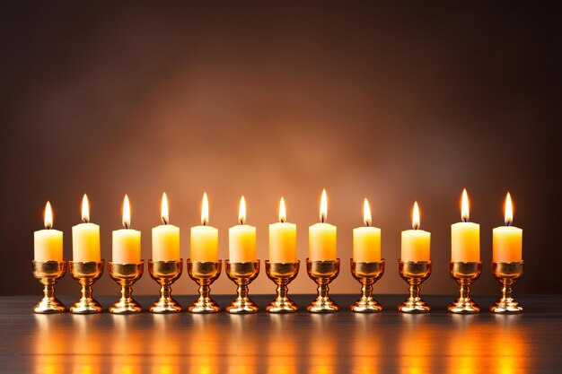 Foto ilustración de velas encendidas en menorá aisladas en azul blanco