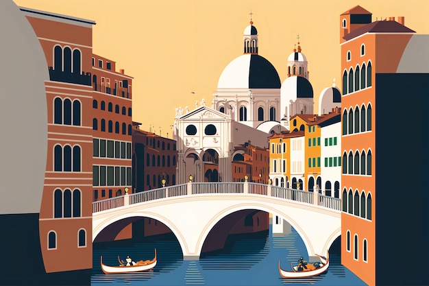 Ilustración Venecia Italia Basílica de San Marcos Gran Canal góndolas Puente de Rialto