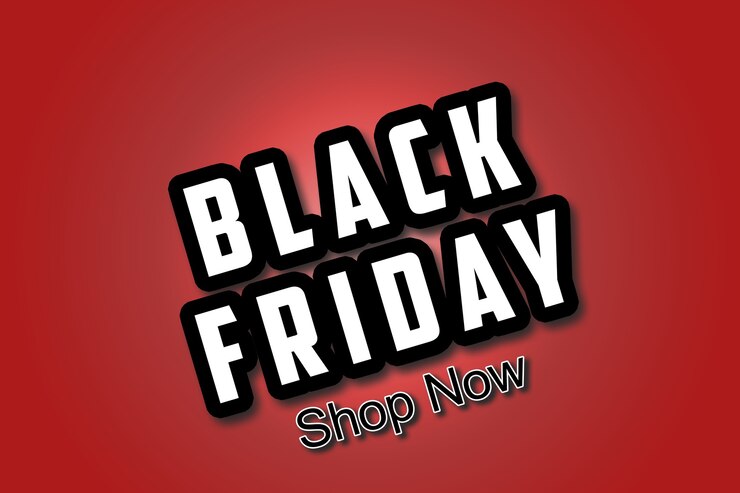 Foto ilustración, venta de viernes negro. banner, cartel, logo color dorado sobre fondo rojo.