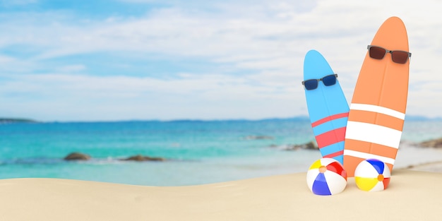 Ilustración de verano 3d de dos tablas de surf con gafas de sol y pelotas de playa con fondo de playa.