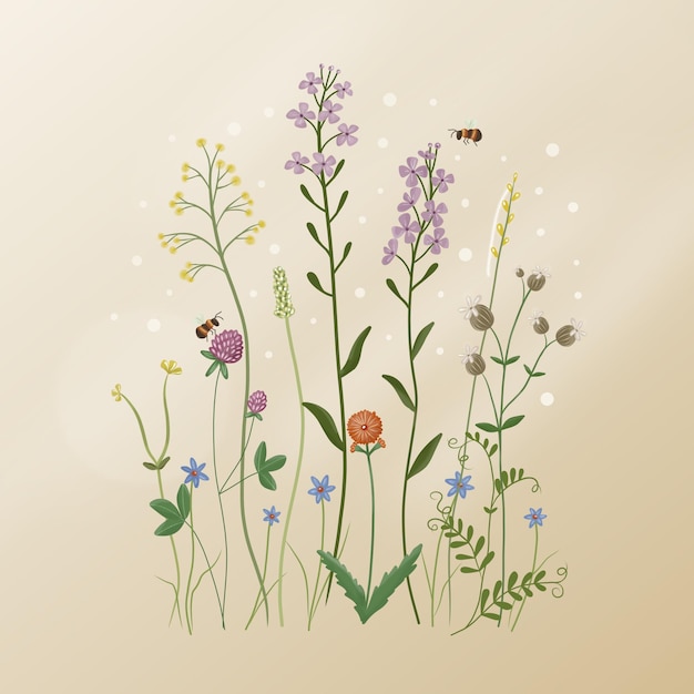 Ilustración de verano con flores silvestres y abejas