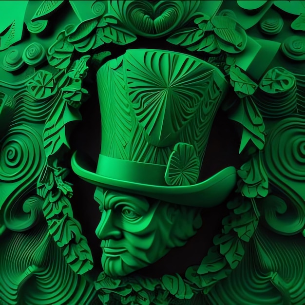 Ilustración verde abstracta de formas 3D de la cabeza de un hombre en un sombrero Símbolo de color verde del Día de San Patricio