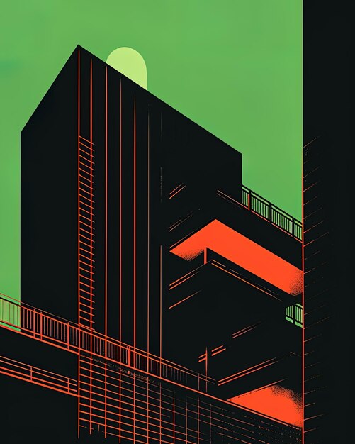 Foto una ilustración verde y roja de un edificio con una luna en el fondo