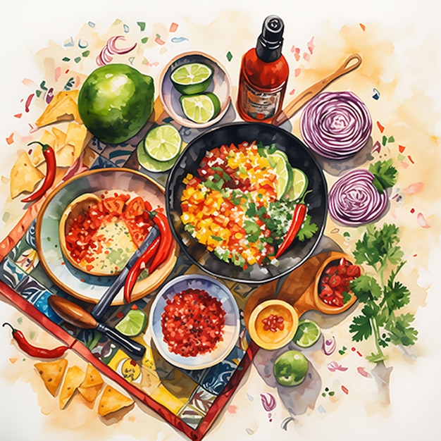 Ilustración de verduras y alimentos mexicanos en acuarela para la celebración del Mes de la Herencia Hispana