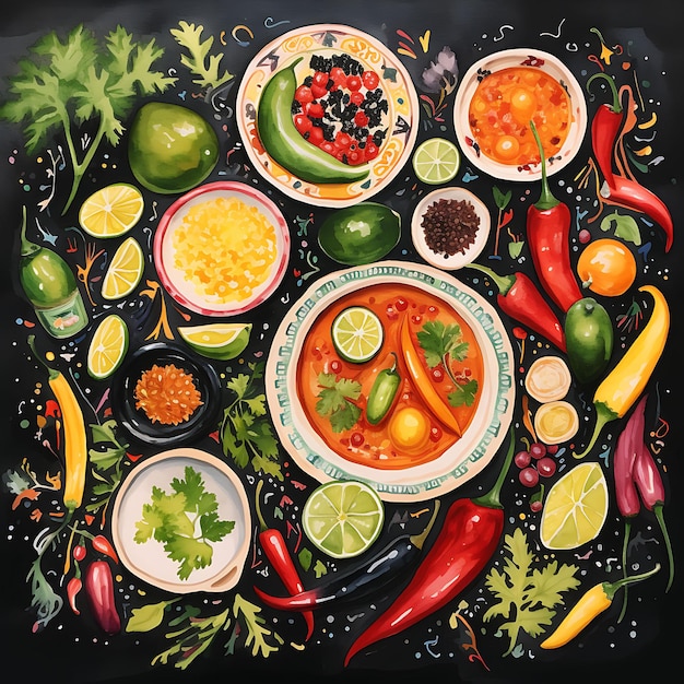 Ilustración de verduras y alimentos mexicanos en acuarela para la celebración del Mes de la Herencia Hispana