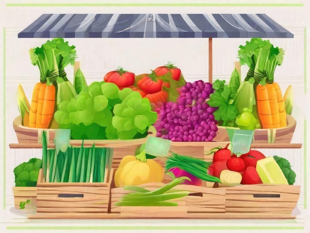 Ilustración de verduras apiladas en el mostrador para la venta