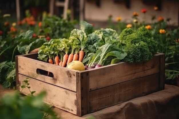 Ilustración de verduras frescas en una caja de madera