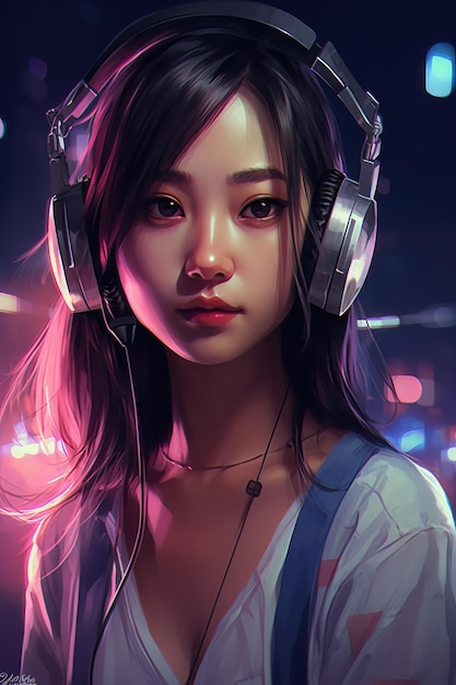 Ilustración vertical de una linda chica asiática con auriculares en un club nocturno