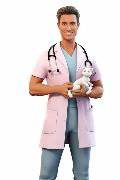 Foto una ilustración de un veterinario masculino sosteniendo un gato blanco