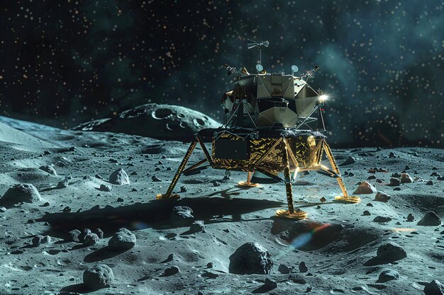 Foto una ilustración del viaje lunar de la india con el módulo de aterrizaje en la superficie de la luna renderización en 3d