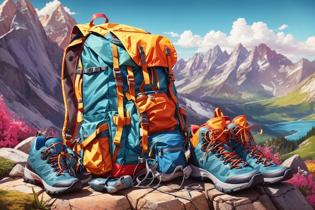 Ilustración de viaje con mochila y zapatos de trekking ai generativo