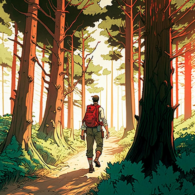 Ilustración de un viajero caminando por el bosque