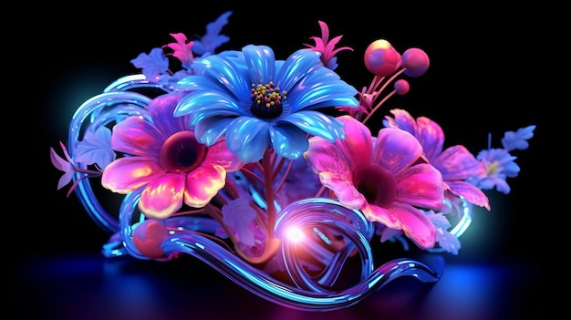 Ilustración de un vibrante arreglo de flores azules y rosas contra un fondo contrastante
