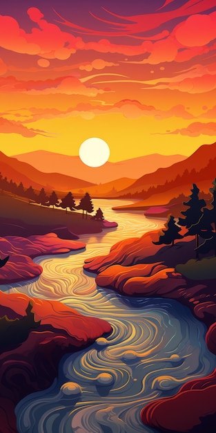 Ilustración vibrante del atardecer del río con estilo de dibujos animados