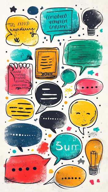 Ilustración vibrante de burbujas de habla de Internet y las redes sociales Texturas dibujadas a mano adornan diferentes burbujes de habla que transmiten la comunicación de las redes sociales