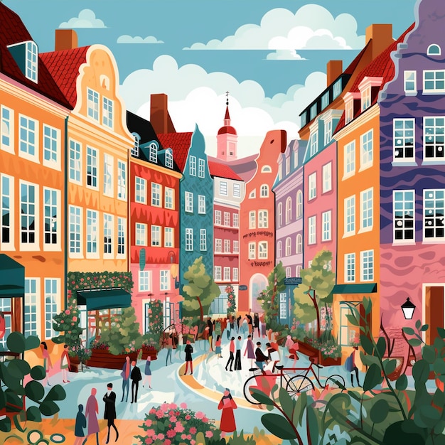 Ilustración vibrante de una calle bulliciosa de Copenhague