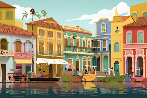 Ilustración vibrante del centro histórico de Recife con coloridos edificios coloniales Capibaribe