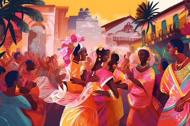 Ilustración vibrante de una ceremonia tradicional de Candombl en Salvador