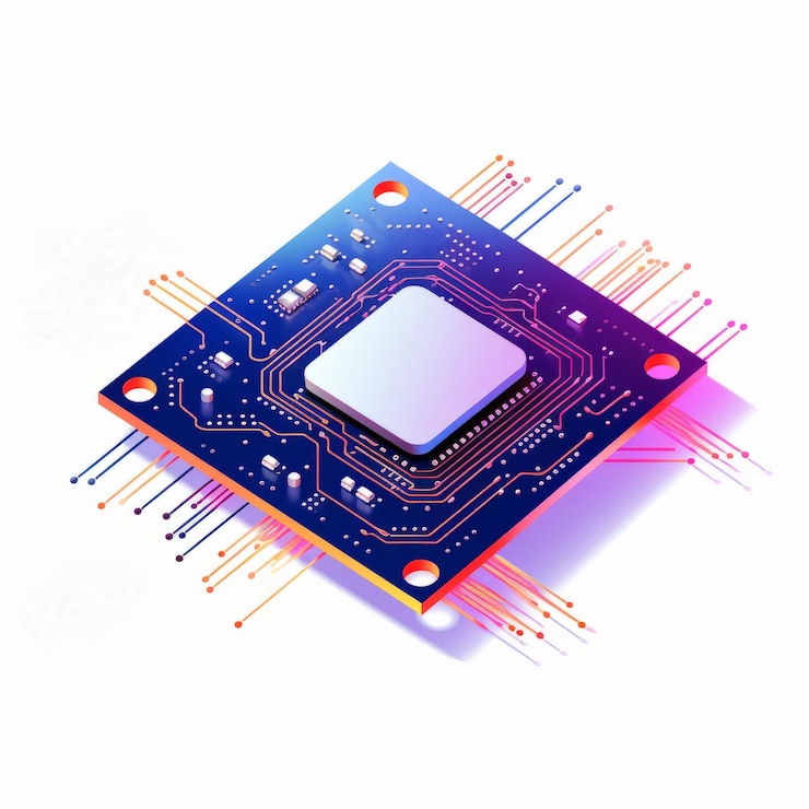 Foto ilustración vibrante del chip futurista en un fondo blanco