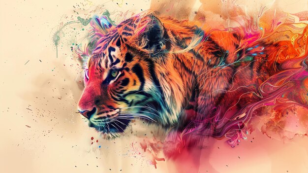 Foto una ilustración vibrante y colorida de la cara de un tigre el tigre está representado de perfil con la cabeza girada ligeramente hacia la izquierda