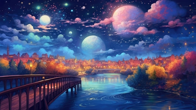 Ilustración vibrante y colorida de una escena nocturna impresionante