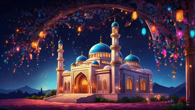 Una ilustración vibrante y colorida de la mezquita
