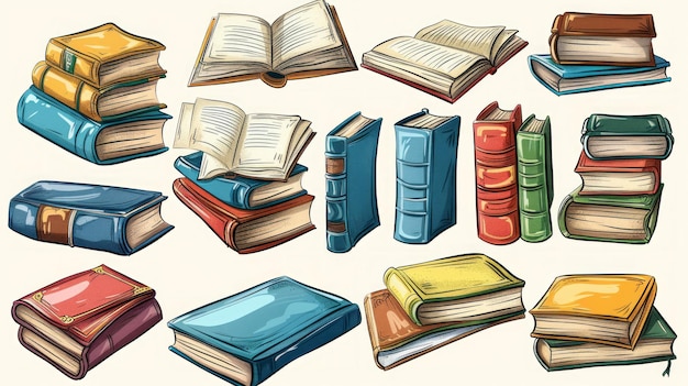 Ilustración vibrante de una colorida pila de libros de tapa dura y libros abiertos para los entusiastas de la lectura IA generativa