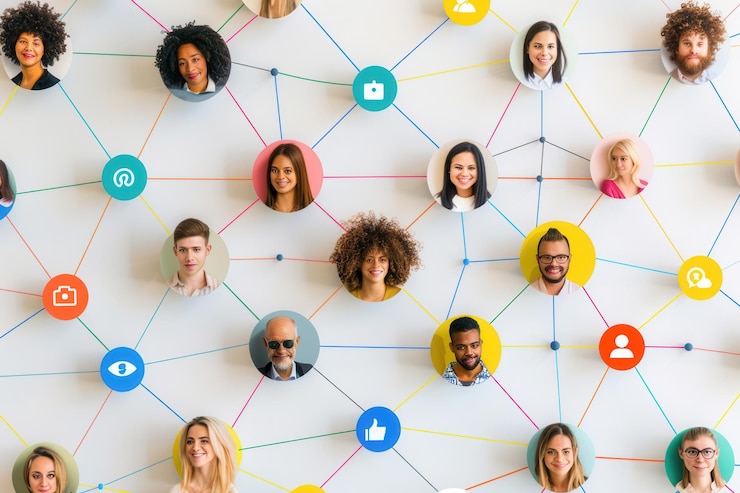 Foto una ilustración vibrante de una comunidad conectada que muestra un grupo diverso de personas en una red de redes sociales ia generativa
