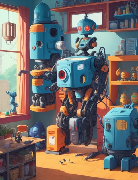 Foto una ilustración vibrante y detallada de una bulliciosa familia de robots.