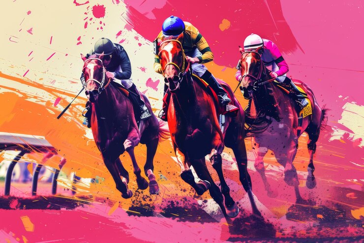 Ilustración vibrante y dinámica de carreras de caballos con jinetes en acción con un vívido fondo de estilo de arte abstracto