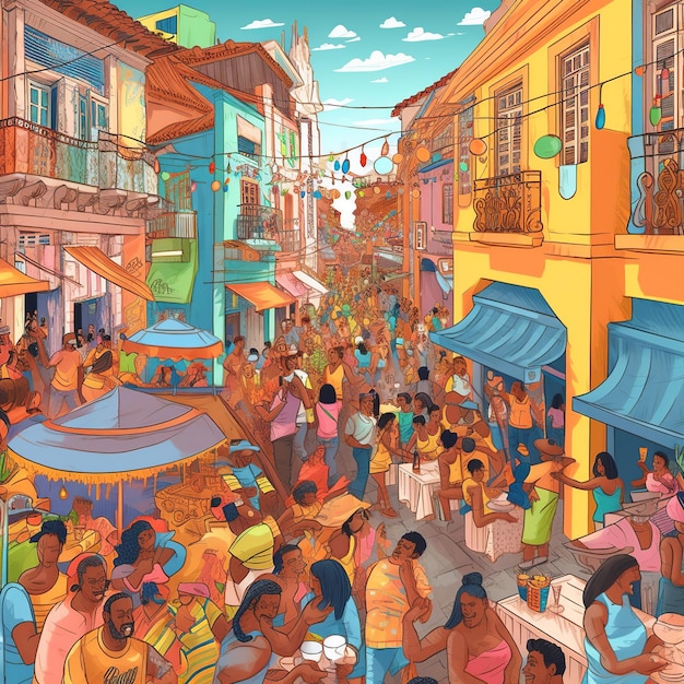 Ilustración vibrante del distrito Pelourinho de Salvador con coloridos edificios coloniales