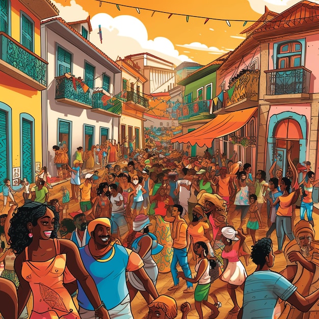 Ilustración vibrante del distrito Pelourinho de Salvador con coloridos edificios coloniales