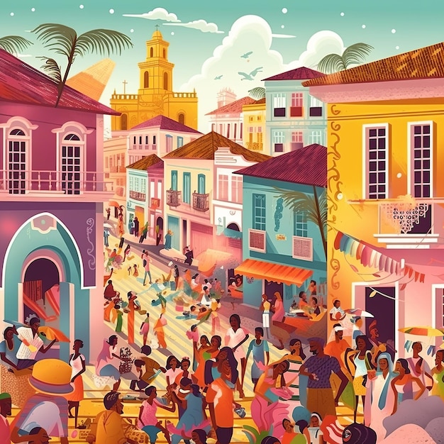 Ilustración vibrante del distrito Pelourinho de Salvador con coloridos edificios coloniales