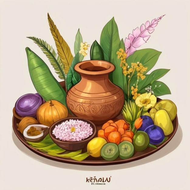 Ilustración vibrante del festival de Kerala Vishu Kani con flores tradicionales frutas y verduras